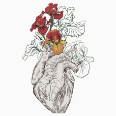 a drawing of a heart with flowers in it