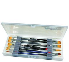 an assortment of paint brushes in a plastic case