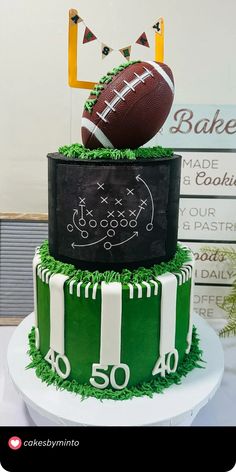 a three tiered cake with a football on top