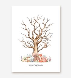 a welcome baby card with an illustration of a tree and animals