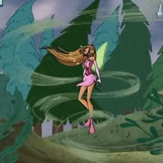 a cartoon girl flying through the air with her hair blowing in the wind and trees behind her