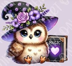 an owl wearing a witches hat and holding a magic book with purple flowers on it