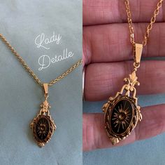 Victorian Necklace Pendant, Antique Pendant Necklace, Old Pendant Necklace, Black Vintage Jewelry, Gothic Gold Jewelry, Alternative Rings Engagement, Black And Gold Jewelry, Vintage Gold Necklace, Sun Design