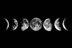 five phases of the moon are shown in black and white, with one half lit up