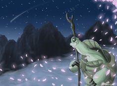 a cartoon frog is holding a stick in the snow at night with stars falling from the sky