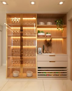 a wine cellar with glasses on the shelves and bowls in front of glass doors that open to let light into the room