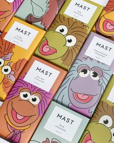 many different types of chocolates with cartoon characters on them, including one for the muppet