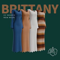 four dresses are shown in different colors and sizes, with the words britain on them