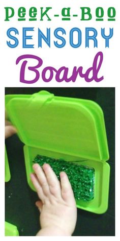 a green box filled with lots of green stuff and the words peek - n - boo sensory board