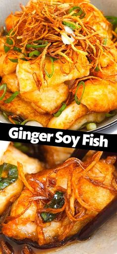 two pictures with different types of food in them and the words ginger soy fish above it