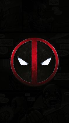 the deadpool logo is shown in black and red, with eyes glowing from it