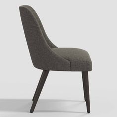 an upholstered chair with dark wood legs and a grey fabric seat pad on the back