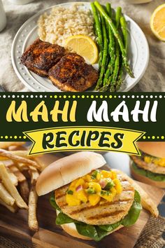 the cover of mahi mahi recipes, including chicken and asparagus with lemon wedges