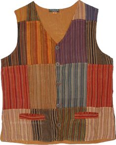 a vest made out of multicolored fabric with buttons on the front and sides