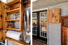 two pictures side by side one shows the inside of a house and the outside of a kitchen