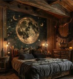 Wooden House Bedroom Ideas, Cozy Bedroom With Lights, Dark Green Witchy Bedroom, Celestial Themed Bedroom, Rustic Room Decor Ideas, Magical Interior Design, Moon Bedroom Ideas, Moon Themed Bedroom, Bedroom Ideas Earthy