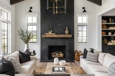 a living room filled with furniture and a fire place in the middle of a room