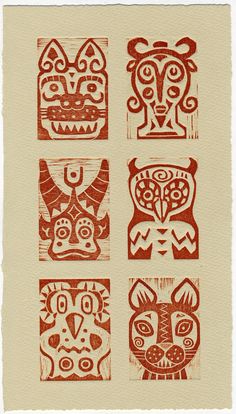 four red and white drawings on paper with different animals in the middle one has an animal head