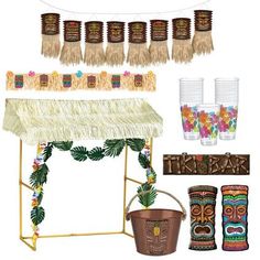 an assortment of items for a tiki party including drinks, decorations and straws