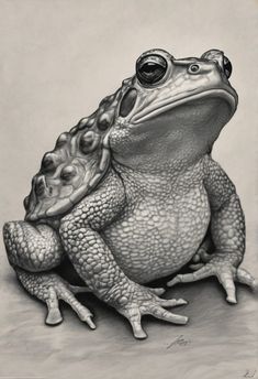 a pencil drawing of a frog sitting on the ground with its head turned to the side