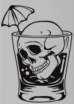 a skull in a glass with an umbrella on the top is drawn by black ink