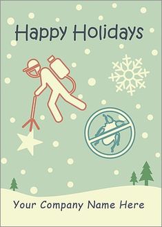 a happy holiday card with an image of a person skiing