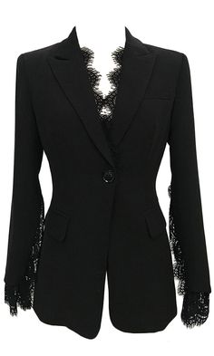 Scalloped lace trim adds an ultra-feminine edge to this classic blazer jacket. The On My Best Behavior jacket features a structured silhouette with long sleeves with sheer lace trim, a V-neckline with lace details, and a single button closure. Team it with skinny pants and pumps for a look that you can wear in the offi Lace Blazer Outfit, Goth Blazer, Boho Wedding Summer, Blazer With Lace, Lace Blazer Jacket, Black Lace Jacket, Crop Coat, Wedding Dresses Boho, Jacket With Lace