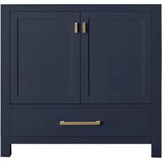 a blue cabinet with two doors and gold handles on the bottom, in front of a white background