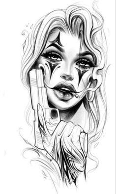 Gangsta Woman Tattoo, Clown Woman Tattoo, Chicano Girl Tattoo Design, Chicana Style Tattoo, Female Face Tattoo Design, Gangsta Tattoos For Women, Gangsta Style Tattoo, Chicano Tattoo Design, Chest Tattoo Drawings