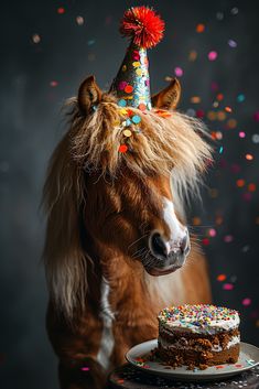 a brown horse wearing a party hat next to a cake