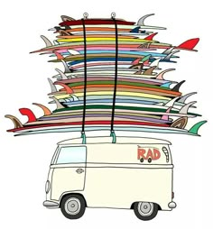 a van with surfboards stacked on top of it