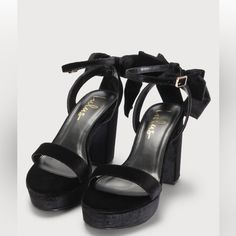 Lulu’s Black Velvet Platform Heels With Bow. Brand New, Never Been Worn, Still Have Original Box And Packaging. Size 6. Black Velvet Heels, Black Bow Heels, Black Heels Prom, Nude Espadrilles, Cute Black Heels, Pink Platform Shoes, Gold Platform Heels, Strappy Platform Heels, White Platform Sandals