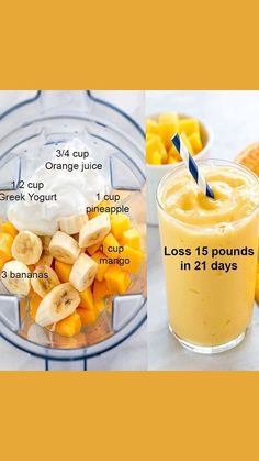 a smoothie with bananas, mangoes and oranges in it next to the recipe