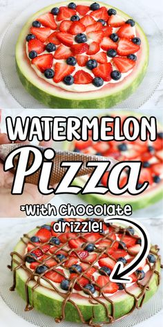 watermelon pizza with chocolate drizzle and strawberries on top is shown