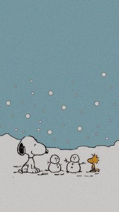 a charlie brown christmas scene with snow falling on the ground and peanuts standing in front of them