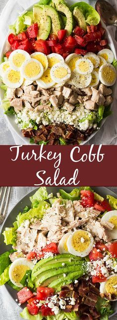 two plates filled with salads on top of each other and the words turkey cobb salad above them