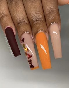 November Square Nails, November Nails Coffin, Burnt Orange Acrylic Nails, Fall Sns Nails 2024, Thanksgiving Nails Ideas, Fall Acrylic Nails Autumn Coffin, Orange Autumn Nails, November Birthday Nails, Turkey Nails Designs