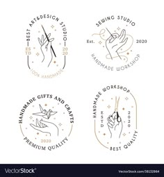 four logos for handmade gifts and crafts in the shape of hands with scissors on them