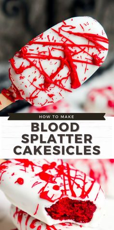 blood splatter cake on a spatula with text overlay that reads how to make blood splatter cakes