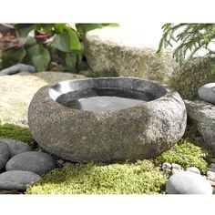 a stone bowl sitting on top of moss covered rocks