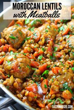 moroccan lentils with meatballs and carrots in a skillet on the stove