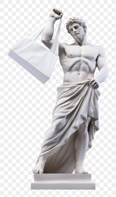 a white statue with a shopping bag in his hand, on a transparent background png