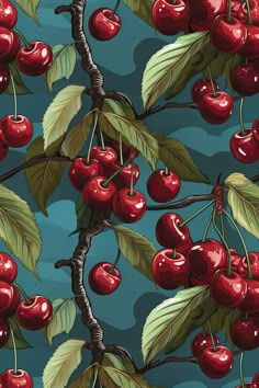 a painting of cherries on a tree branch with green leaves and blue sky in the background