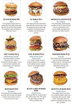 the menu for burgers is shown with different types of hamburgers on it, including one