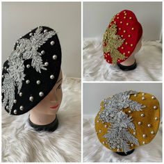 Beret hat , its embellished/designed for a lovely charming look. You can dress up or down with it. It is a perfect gift. Available in different colours. Beret Design Accessories, Traditional Hats For Women, Beret Design, Beret Embellishment, Embellished Beret, Red Hat Ladies, Church Lady Hats, Church Suits And Hats, Fascinator Hats Diy