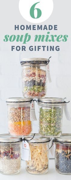 six jars filled with different types of food and the words homemade soap mixes for gifting