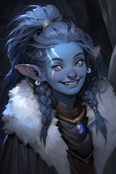 an avatar with blue hair and braids, wearing a fur coat in front of a cave