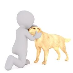 a person hugging a small dog on the side of a white background with an image of a yellow dog