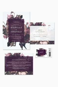 the wedding stationery is shown with purple flowers