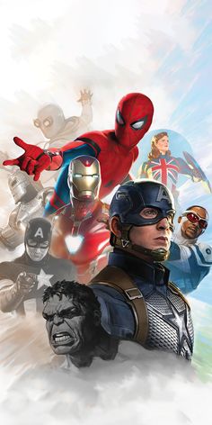 the avengers and spider - man characters are in front of an image of captain america